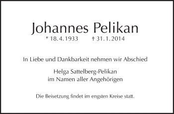 Traueranzeige von Johannes Pelikan von Tagesspiegel