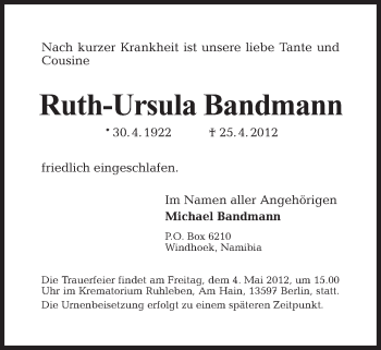 Traueranzeige von Ruth-Ursula Bandmann von Tagesspiegel