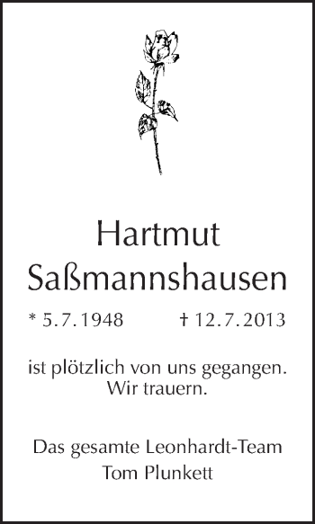 Traueranzeige von Hartmut Saßmannshausen von Tagesspiegel