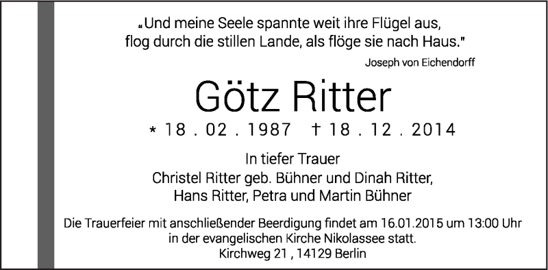  Traueranzeige für Götz Ritter vom 11.01.2015 aus Tagesspiegel