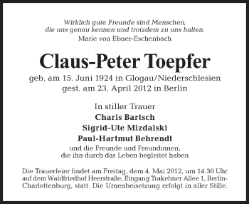 Traueranzeige von Claus-Peter Toepfer von Tagesspiegel