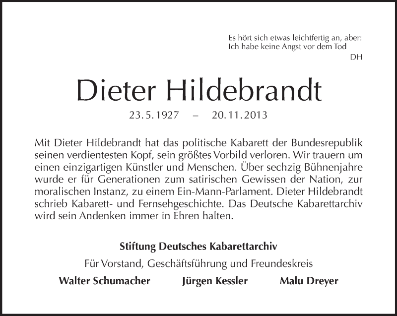  Traueranzeige für Dieter Hildebrandt vom 24.11.2013 aus Tagesspiegel