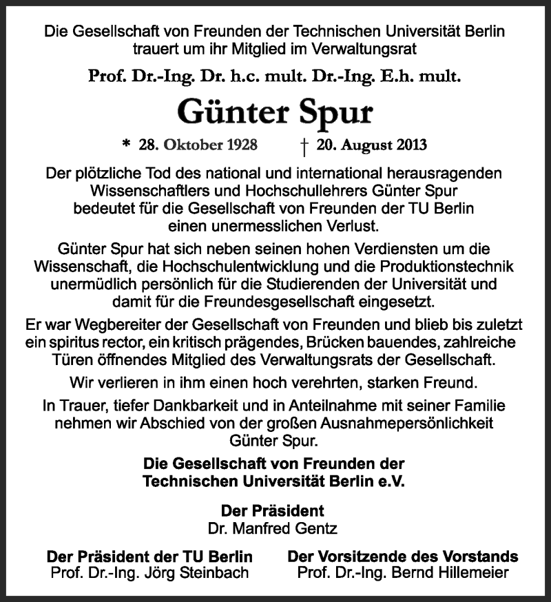  Traueranzeige für Günter Spur vom 25.08.2013 aus Tagesspiegel