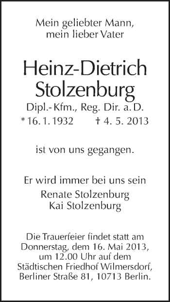 Traueranzeige von Heinz-Dietrich Stolzenburg von Tagesspiegel