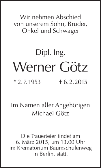 Traueranzeige von Werner Götz von Tagesspiegel