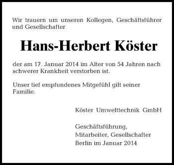 Traueranzeige von Hans-Herbert Köster von Tagesspiegel