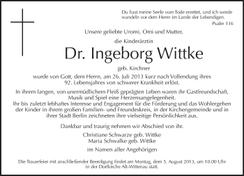 Traueranzeige von Ingeborg Wittke von Tagesspiegel