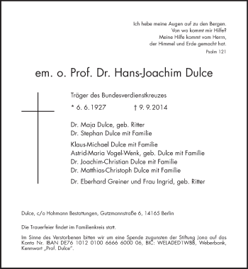 Traueranzeige von Hans-Joachim Dulce von Tagesspiegel