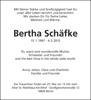 Traueranzeige von Bertha Schäfke von Tagesspiegel