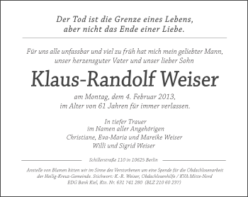 Traueranzeige von Klaus-Randolf Weiser von Tagesspiegel