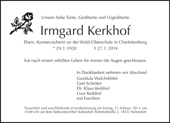 Traueranzeige von Irmgard Kerkhof von Tagesspiegel