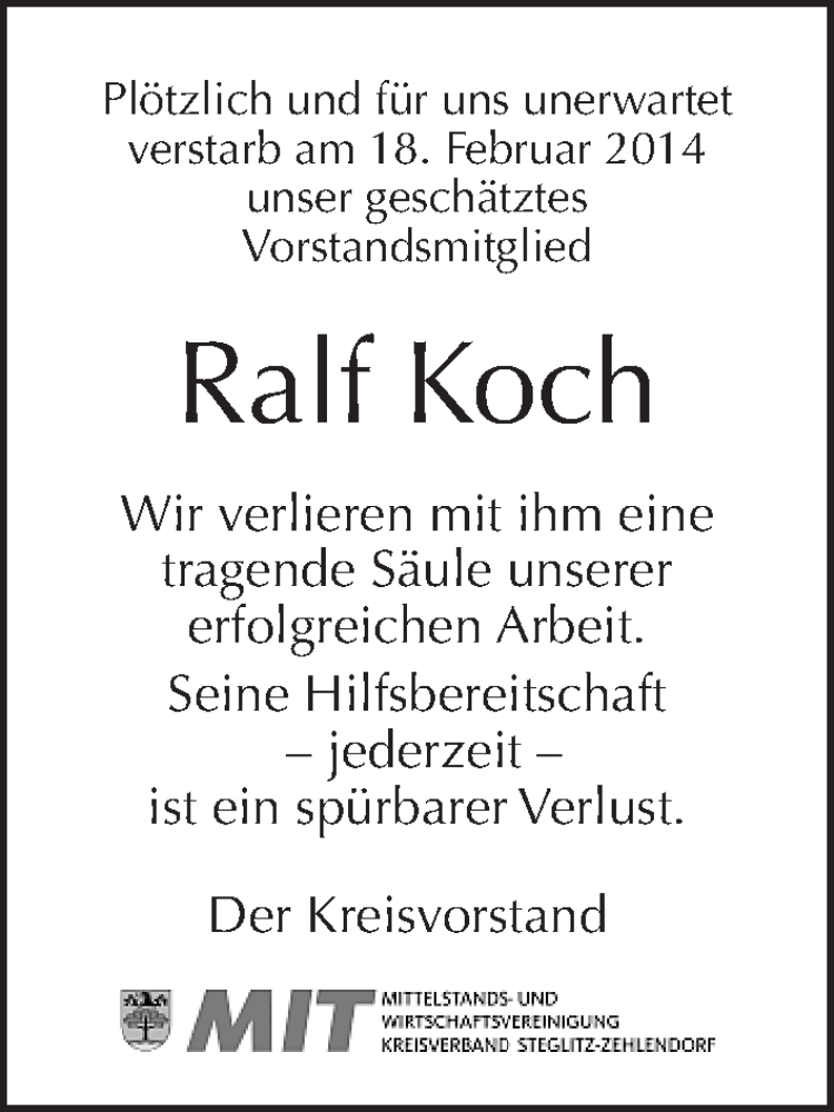  Traueranzeige für Ralf Koch vom 23.02.2014 aus Tagesspiegel