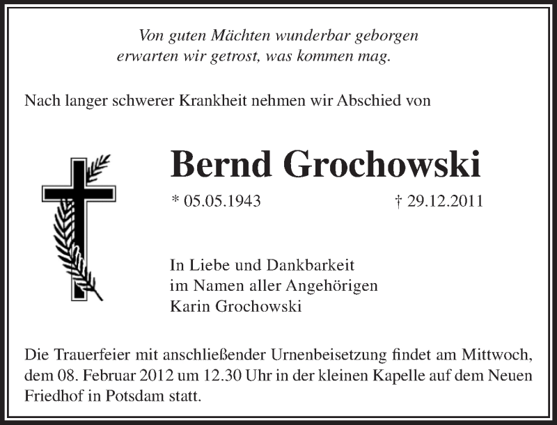  Traueranzeige für Bernd Grochowski vom 28.01.2012 aus Tagesspiegel