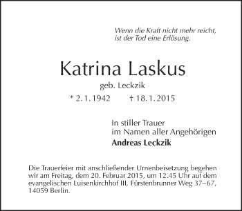 Traueranzeige von Katrina Laskus von Tagesspiegel