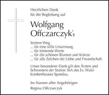 Traueranzeige von Wolfgang Offczarczyk von Tagesspiegel