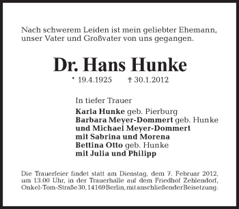 Traueranzeige von Hans Hunke von Tagesspiegel
