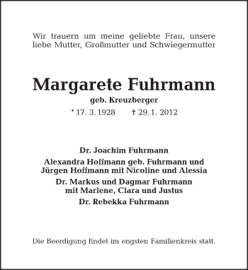 Traueranzeige von Margarete Fuhrmann von Tagesspiegel