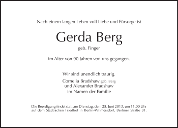 Traueranzeige von Gerda Berg von Tagesspiegel