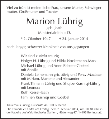 Traueranzeige von Marion Lührig von Tagesspiegel