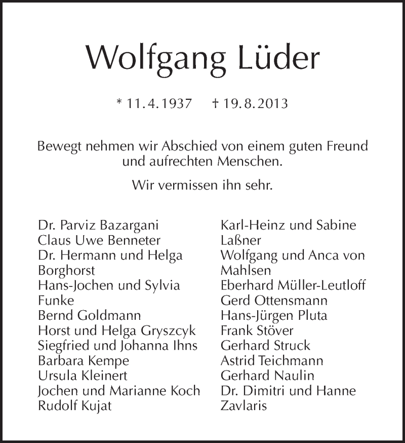  Traueranzeige für Wolfgang Lüder vom 01.09.2013 aus Tagesspiegel