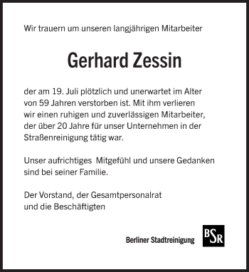 Traueranzeige von Gerhard Zessin von Tagesspiegel