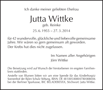 Traueranzeige von Jutta Wittke von Tagesspiegel