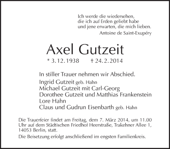 Traueranzeige von Axel Gutzeit von Tagesspiegel