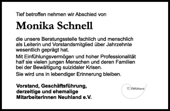 Traueranzeige von Monika Schnell von Tagesspiegel