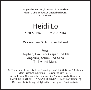 Traueranzeige von Heidi Lo von Tagesspiegel