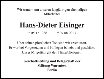 Traueranzeige von Hans-Dieter Eisinger von Tagesspiegel
