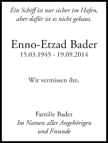 Traueranzeige von Enno-Etzad Bader von Tagesspiegel