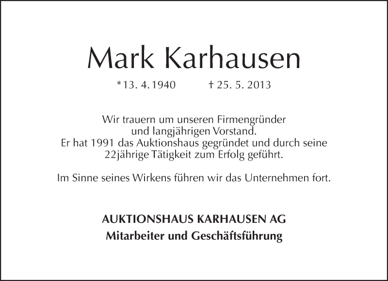  Traueranzeige für Mark Karhausen vom 02.06.2013 aus Tagesspiegel