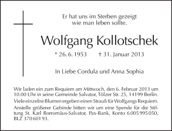 Traueranzeige von Wolfgang Kollotschek von Tagesspiegel