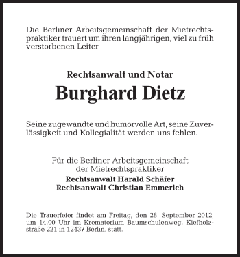 Traueranzeige von Burghard Dietz von Tagesspiegel