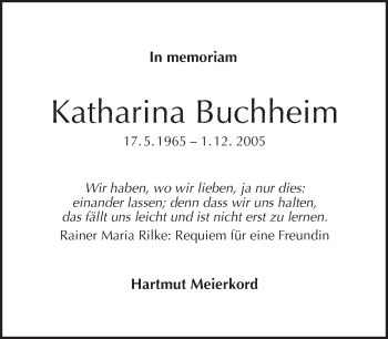 Traueranzeige von Katharina Buchheim von Tagesspiegel