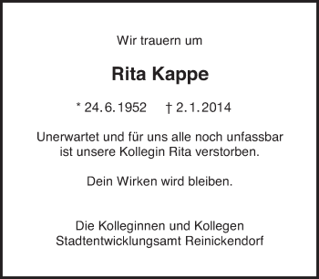 Traueranzeige von Rita Kappe von Tagesspiegel