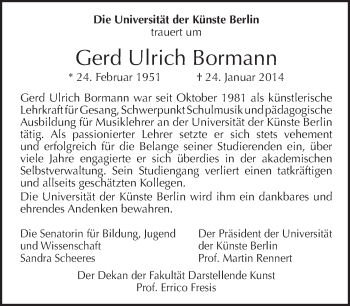 Traueranzeige von Gerd Ulrich Bormann von Tagesspiegel