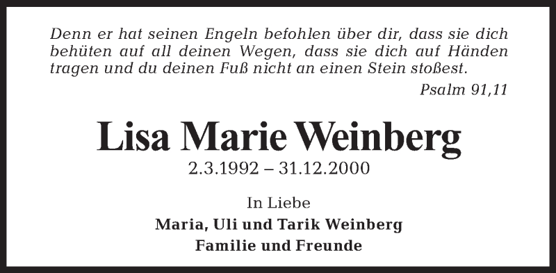  Traueranzeige für Lisa Marie Weinberg vom 31.12.2011 aus Tagesspiegel