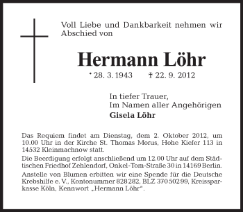 Traueranzeige von Hermann Löhr von Tagesspiegel