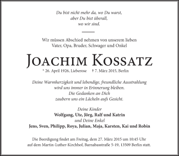 Traueranzeige von Joachim Kossatz von Tagesspiegel