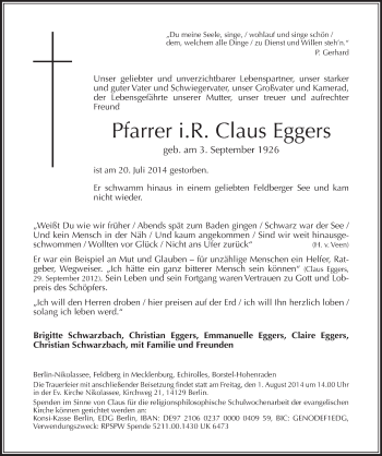 Traueranzeige von Claus Eggers von Tagesspiegel