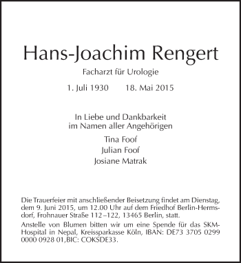 Traueranzeige von Hans-Joachim Rengert von Tagesspiegel