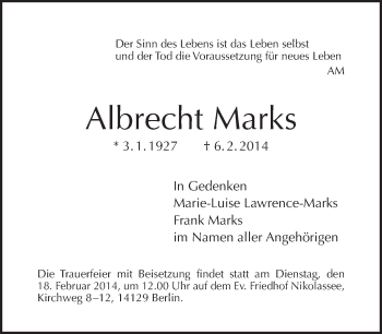 Traueranzeige von Albrecht Marks von Tagesspiegel