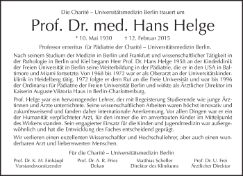 Traueranzeige von Hans Helge von Tagesspiegel