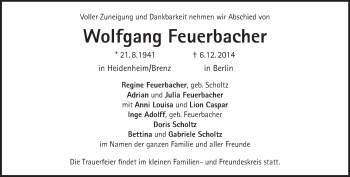 Traueranzeige von Wolfgang Feuerbacher von Tagesspiegel