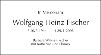 Traueranzeige von Wolfgang Heinz Fischer von Tagesspiegel