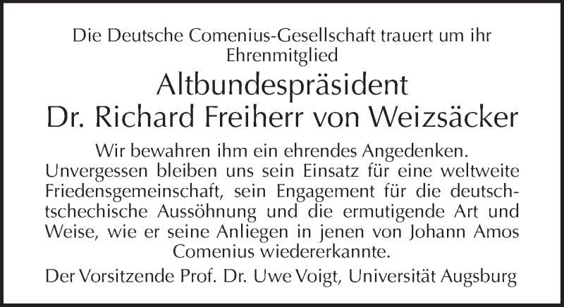  Traueranzeige für Richard Freiherr von Weizsäcker vom 08.02.2015 aus Tagesspiegel