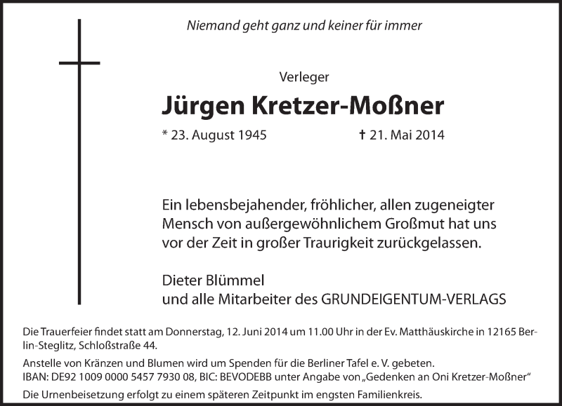  Traueranzeige für Jürgen Kretzer-Moßner vom 01.06.2014 aus Tagesspiegel