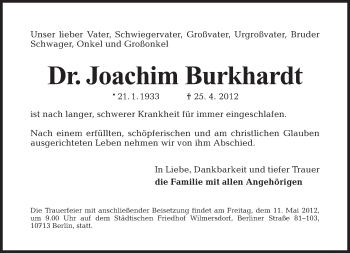Traueranzeige von Joachim Burkhardt von Tagesspiegel