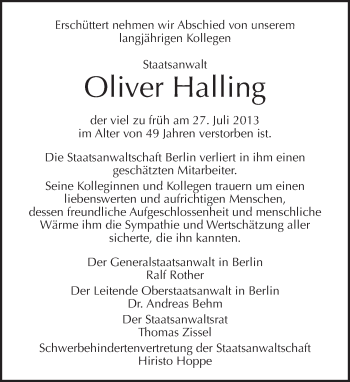 Traueranzeige von Oliver Halling von Tagesspiegel